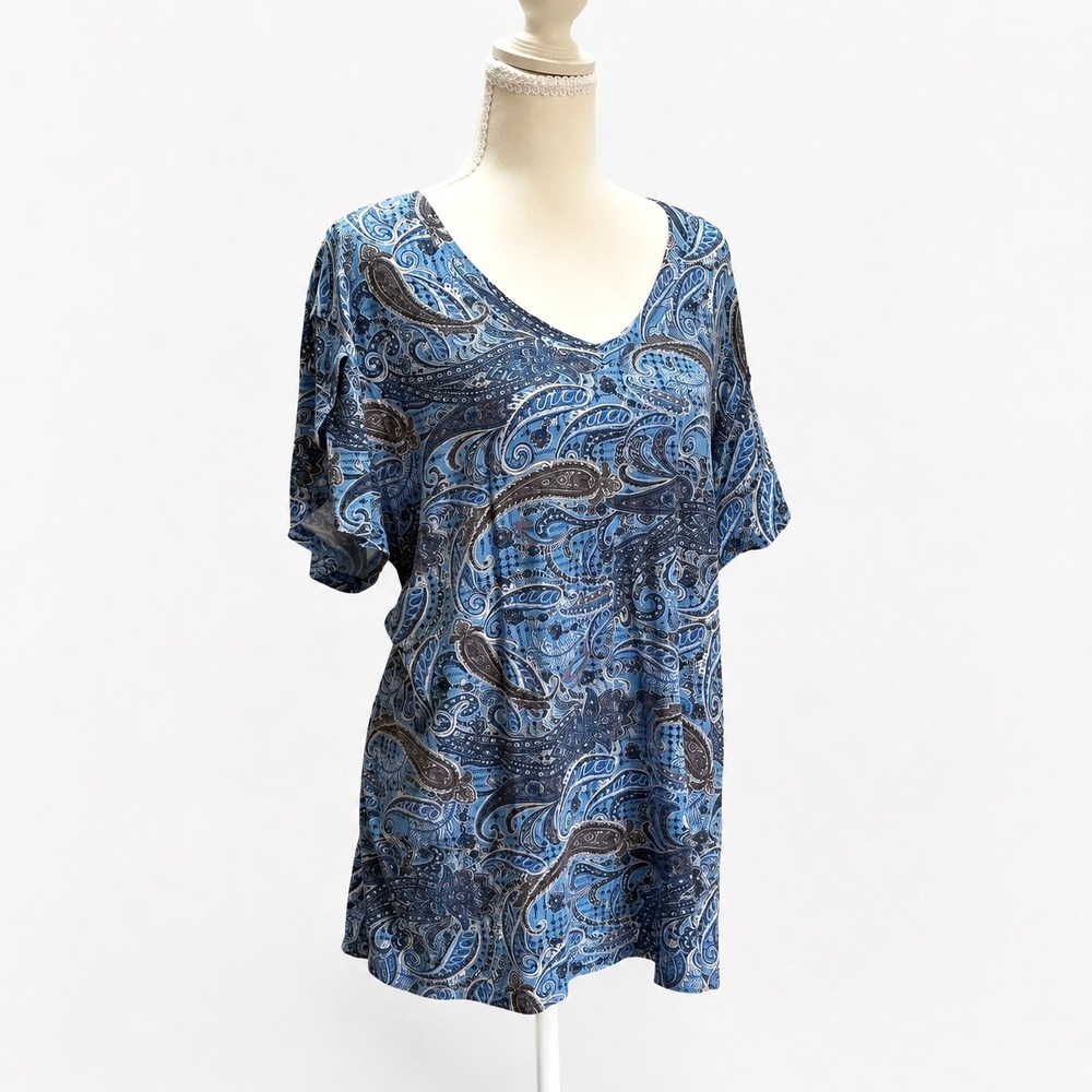 Blue Paisley Rayon Stretch Tunic Top Women's XXL Scoop Neck Relaxed Fit‎ Kuotai